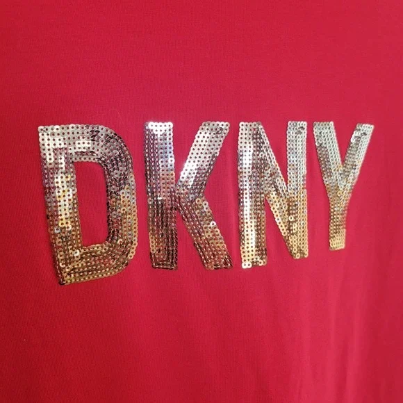 DKNY Women T-Shirt Red Sequined Shiny Short Sleeve NWT Size Medium Casual Logo - Picture 3 of 9